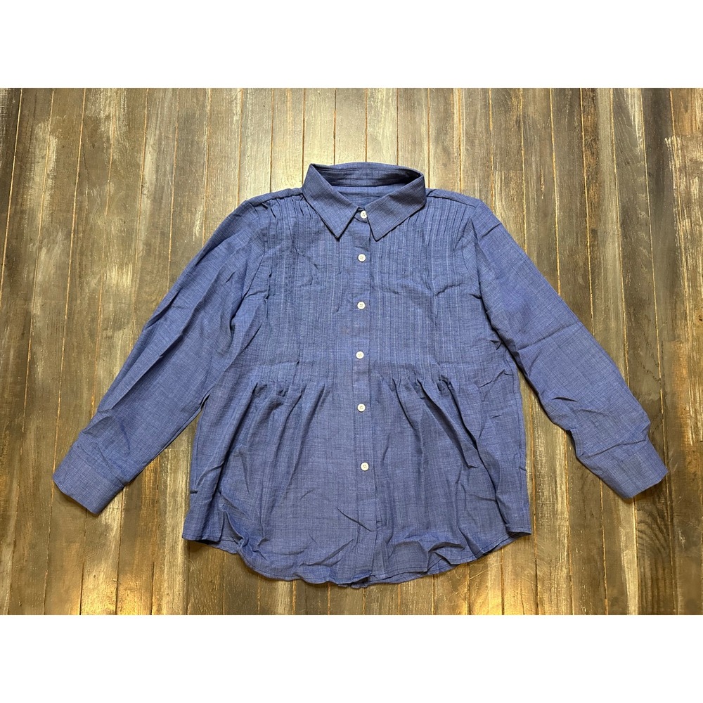 Blue Pintuck Pleated Peplum Button Down Blouse Long Sleeve Chambray Top